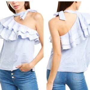 Veronica Beard Isla Ruffle One-Shoulder Stripe Blouse